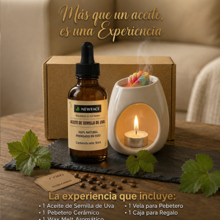 KIT NEWFACE - ACEITE DE SEMILLA DE UVA + PEBETERO + WAXMELT + VELA ENCENDIDO
